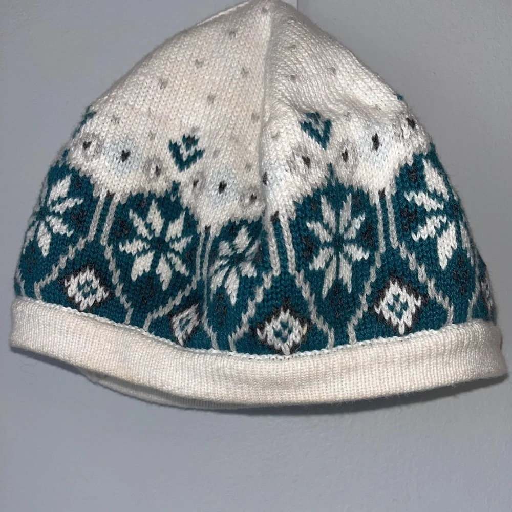 Janie and Jack Teal and White Snowflake Fair Isle Knit Hat
